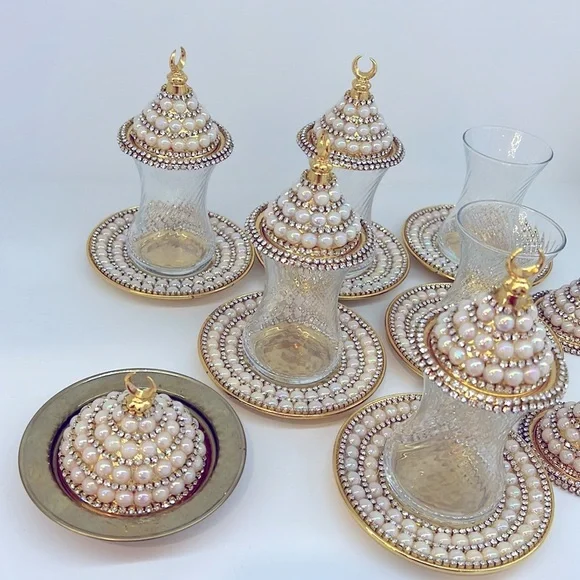 NEW HANDMADE TURKISH TEA SET WITH PEARLS - Picture 14 of 17